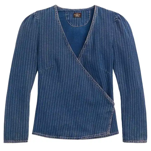 Kracherpreis RRL by Ralph Lauren Womens Indigo Striped Denim Wrap Top Medium Indigo